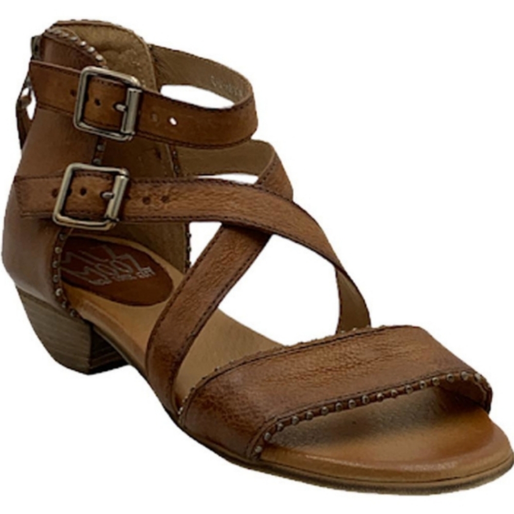Miz Mooz Cosmo Brandy Leather Strappy Buckle Low Heel Studded Sandals